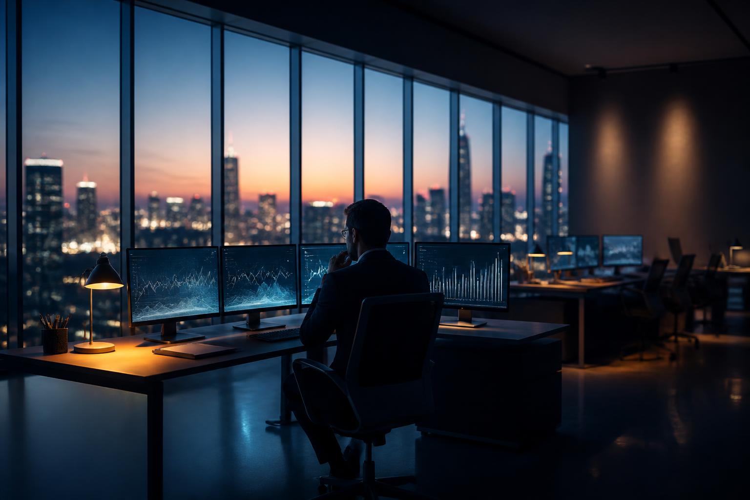 Mesa de operação de crédito ao entardecer com painéis de dados e skyline ao fundo